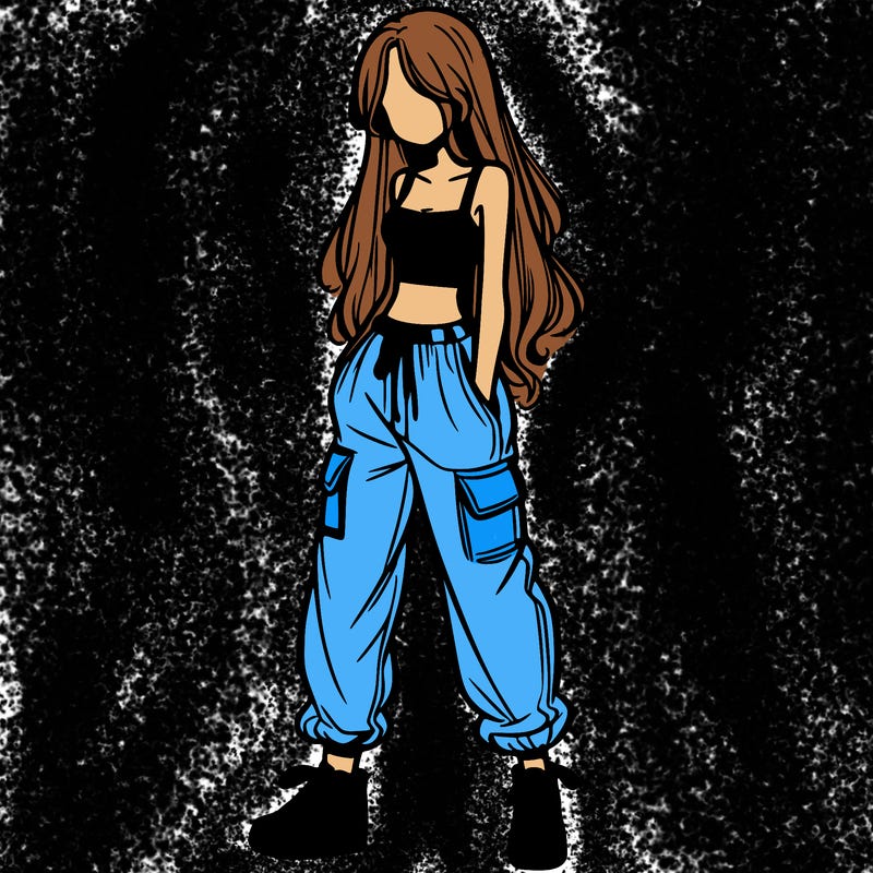 girl in baggy pants crop top and long hair