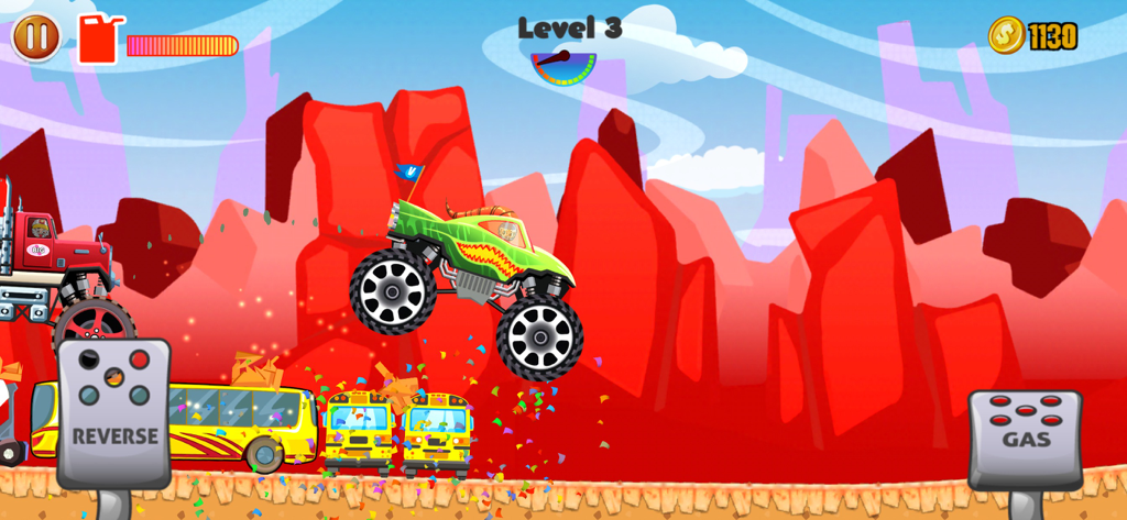 Ein grüner Monster Truck springt über Schulbusse in einer roten Wüstenschlucht im Vlad und Niki-Spiel.