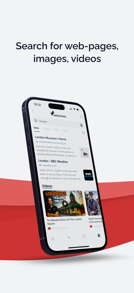 Écran de smartphone affichant les résultats de recherche Swisscows pour Londres, y compris des pages Web et des vidéos.