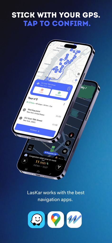 Laskar Route Planner - Laskar Route Planner interface showing delivery tour optimization and integration with GPS navigation apps like Google Maps and Waze.