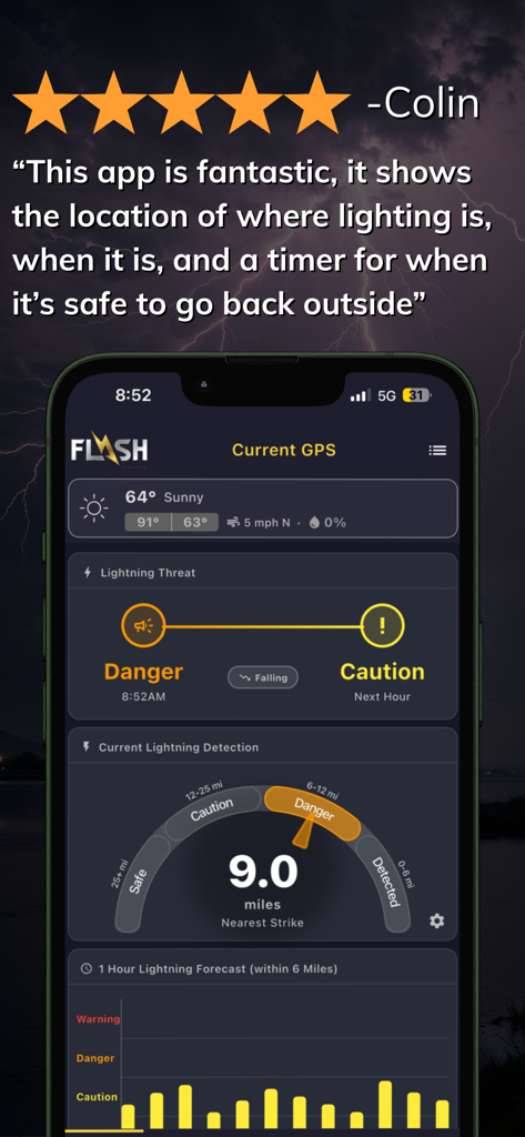 Flash Weather AI - Capture d'écran de l'application mobile Flash Weather AI présentant un avis utilisateur cinq étoiles et un tableau de bord de détection des menaces de foudre en temps réel.