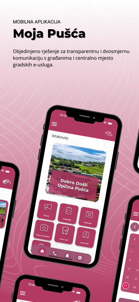 Moja Pušća - Pantalla de inicio de la aplicación móvil Moja Pusca mostrando noticias locales, eventos y servicios gubernamentales.