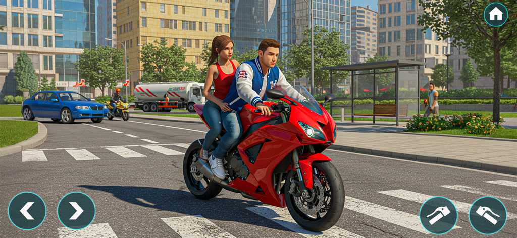 City Bike Driving 3D Openworld - Two riders on a red sports motorcycle in a realistic 3D urban setting