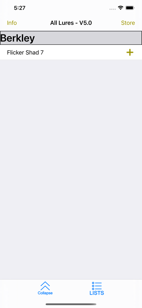 Precision Trolling app interface displaying a list of fishing lures under the Berkley brand