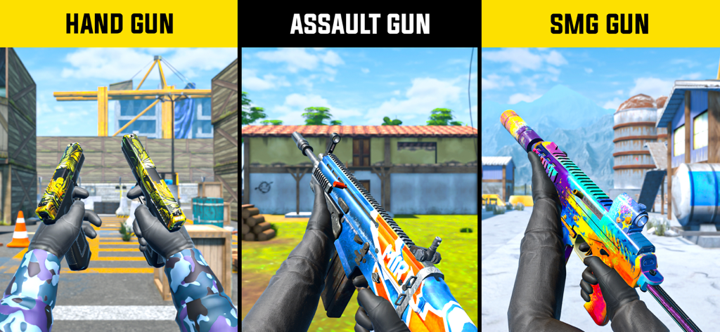 Exhibición de tipos de armas de mano, asalto y subfusil con skins coloridos