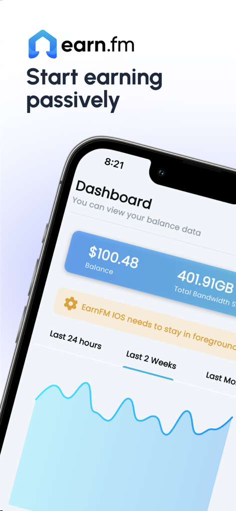 EarnFM - EarnFM mobile app dashboard displaying passive income balance and shared internet bandwidth statistics.