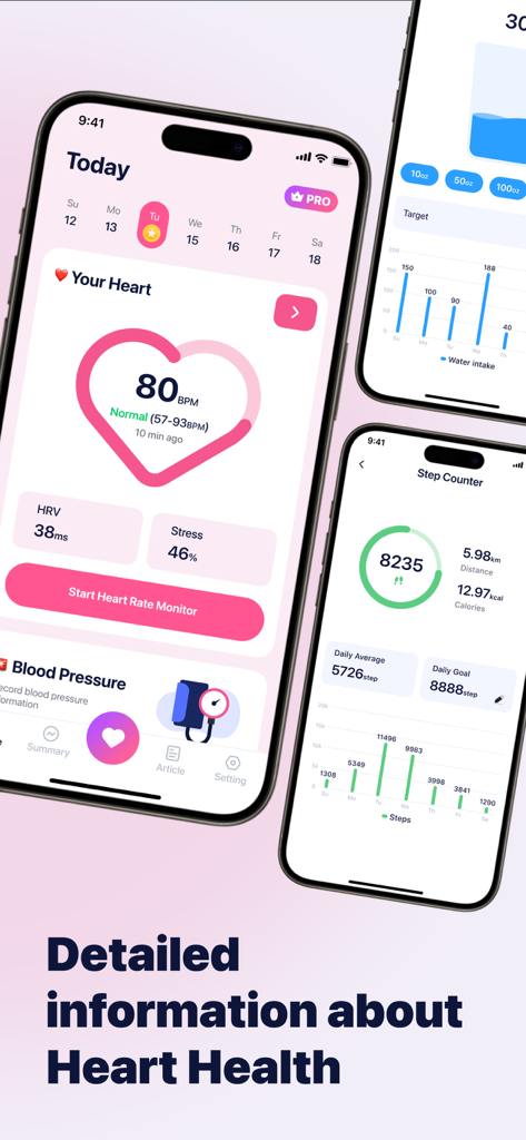 Health Keeper: Pulse Monitor - Health Keeper app screenshots showing heart rate monitor step counter and activity reports.