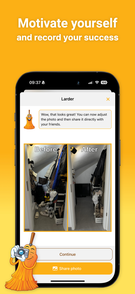Sweepster - Sweepster app interface displaying a before and after comparison of an organized closet