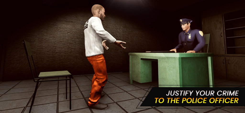 A prisoner in orange pants justifying his crime to a police officer at a desk