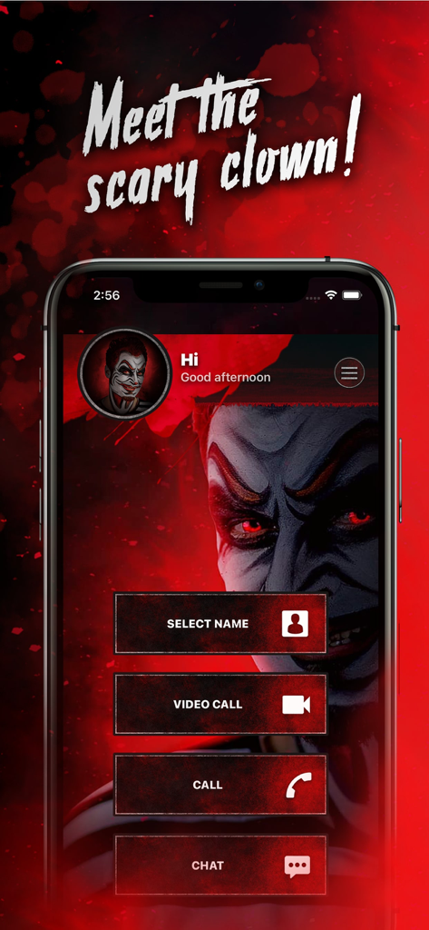 Killer Clown Calls You - Main menu of the Killer Clown Calls You app with options for video calls and chat featuring a scary clown background.