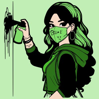 realistic girl with mask spray painting a wall