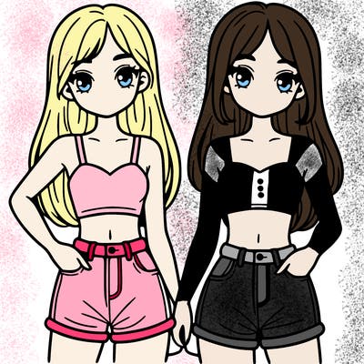 two sisters with crop tops and jean shorts and straight hair