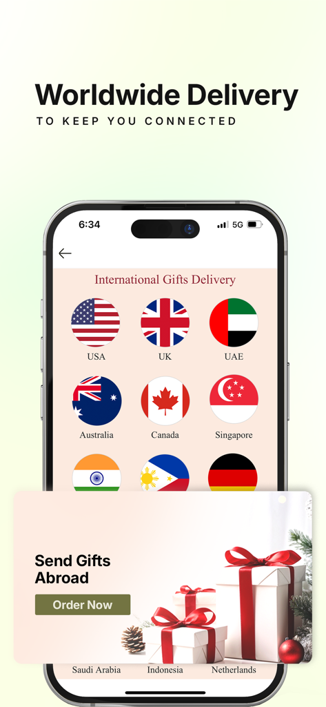 FNP: Gifts, Flowers, Cakes App - Écran de l'application FNP montrant les options de livraison de cadeaux internationaux vers différents pays avec leurs drapeaux.