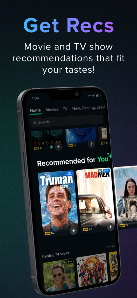 Interfaz de la aplicación Reelgood que muestra recomendaciones personalizadas de películas y series en un iPhone.