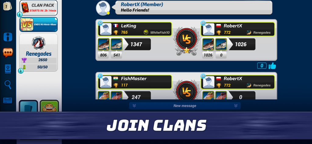 Fishing Clash Join Clans screen showing competitive player duels and clan rankings