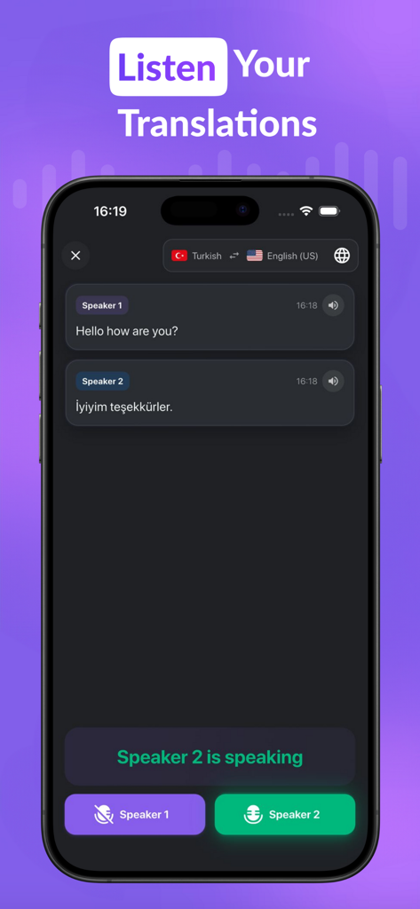 AI Live Speech Translator App - AIリアルタイム音声翻訳アプリが、英語とトルコ語の話者間のリアルタイム会話を表示しています。