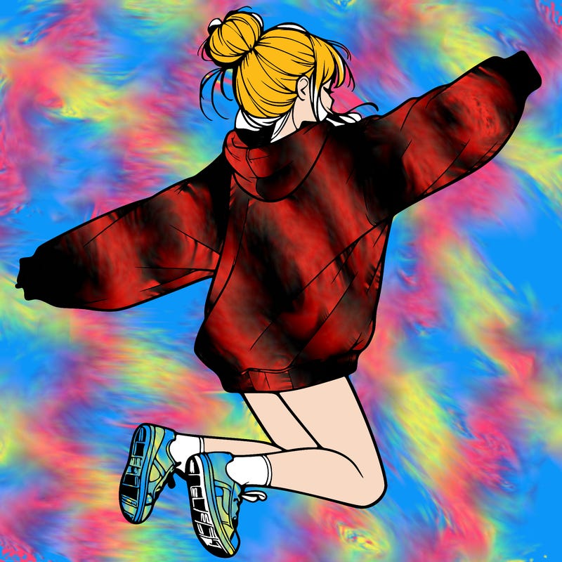 realistic girl jumping with a bun and oversized sweatshirt