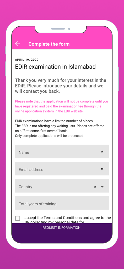 EDiR App - Pantalla de la aplicación móvil que muestra un formulario de registro para el examen EDiR con campos para nombre y correo electrónico