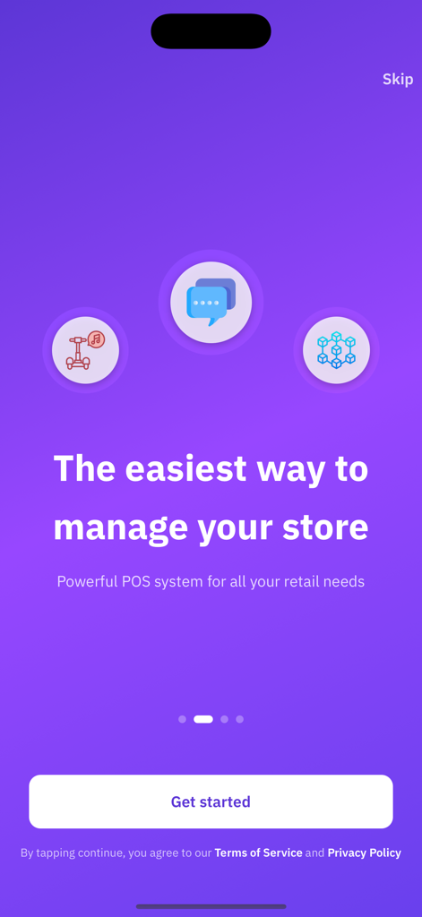 Kushk POS - Kushk POSアプリのオンボーディング画面。「お店を管理する最も簡単な方法」というテキストと、「開始」ボタンが表示されています。