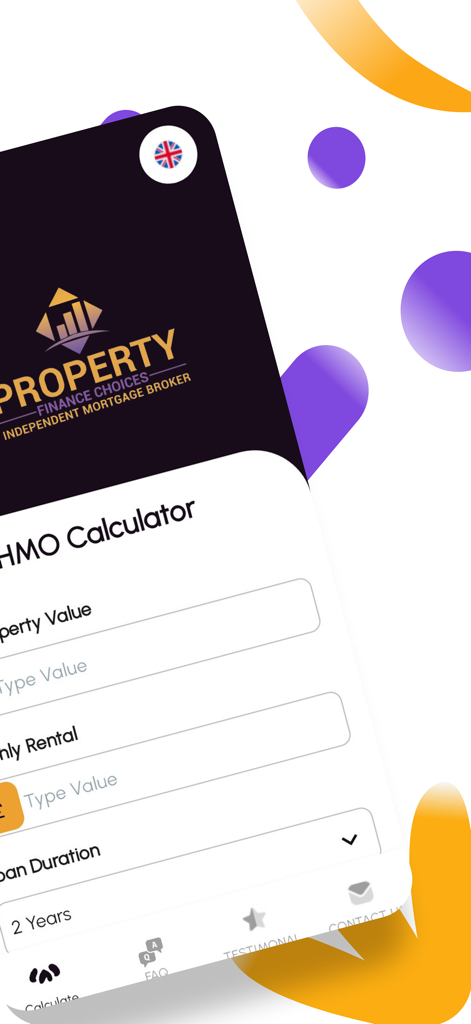 Interface of the HMO Mortgage Calculator app featuring mortgage input fields and the Property Finance Choices logo