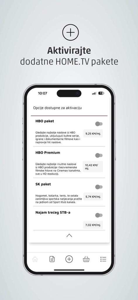 Moj ERONET - Interface of Moj ERONET app showing options to activate additional HOME TV packages like HBO and SK