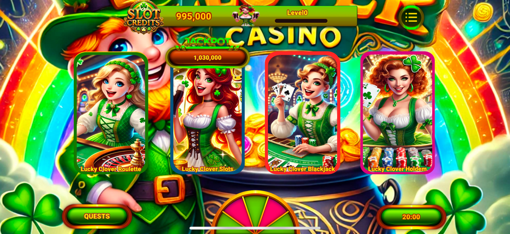 Lucky Clover Casino - El menú principal de Lucky Clover Casino con modos de juego para ruleta, tragaperras, blackjack y póker con temática de duende y olla de oro