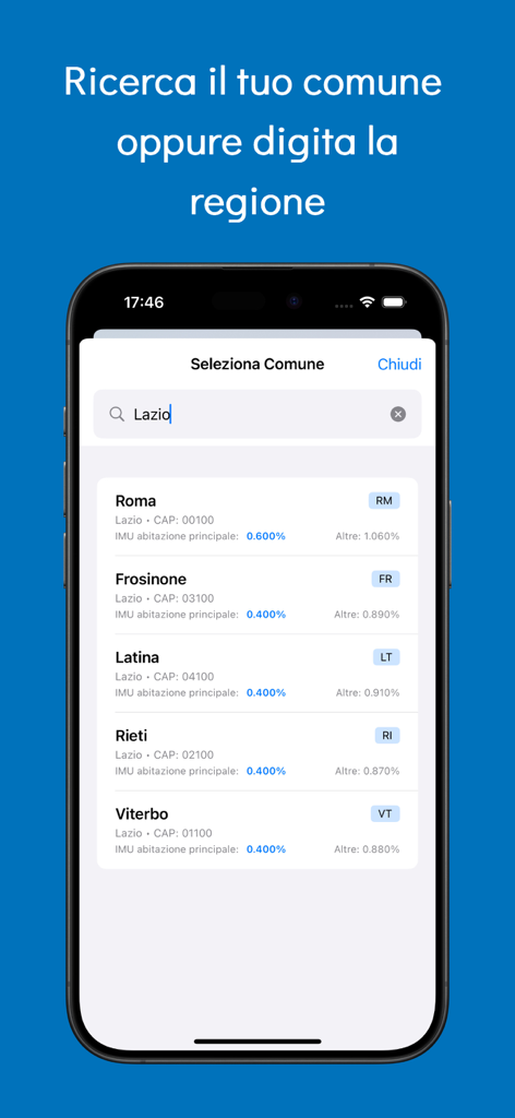 Aplicación móvil IMU Rapida mostrando resultados de búsqueda de tasas impositivas sobre la propiedad en ciudades italianas como Roma y Latina