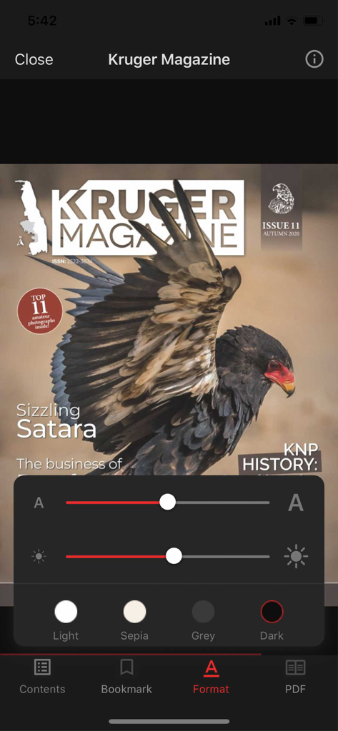Kruger Magazine - Interface of Kruger Magazine app showing reading customization options like brightness and theme colors