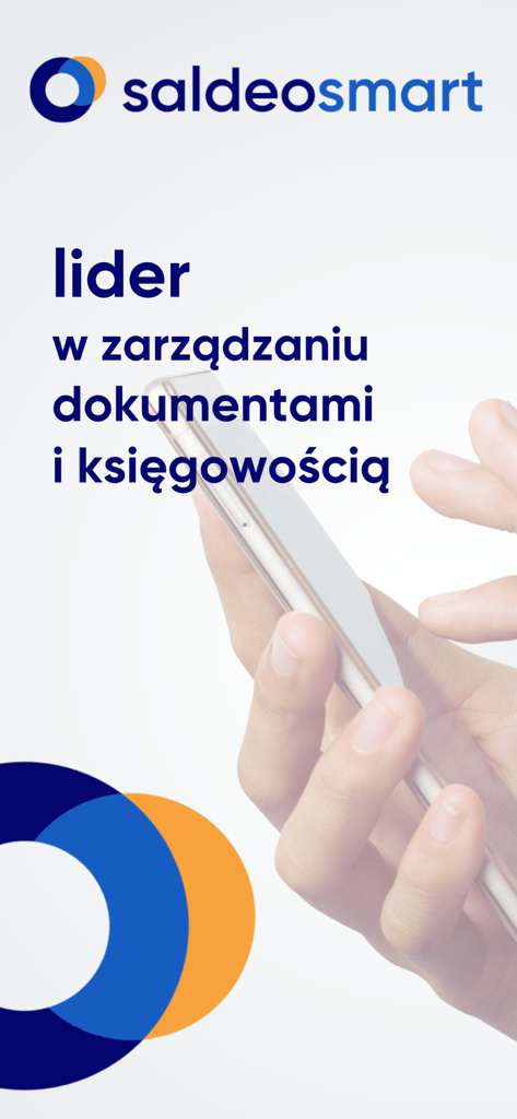 Application mobile SaldeoSMART montrant une main tenant un smartphone avec du texte sur la gestion des documents et la comptabilité