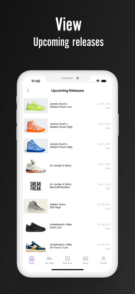 Sneak Freak app screen displaying a list of upcoming sneaker releases including Nike and Adidas with prices and release dates.