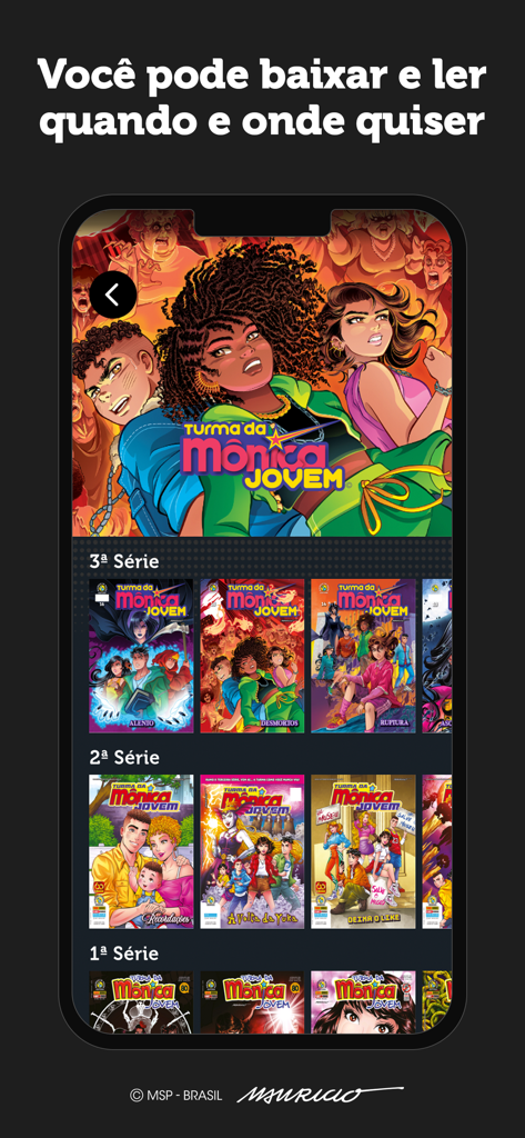 Monicaverso - Interface do aplicativo Monicaverso mostrando uma biblioteca de quadrinhos digitais da Turma da Mônica Jovem