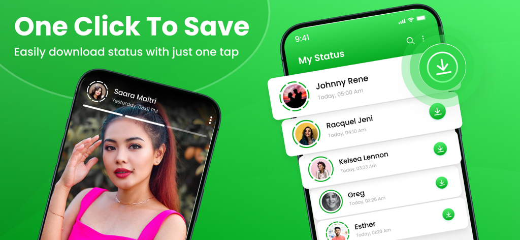 App screen showing a list of WhatsApp contacts with individual download buttons to save status updates