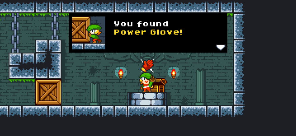 Tiny Dangerous Dungeons Remake - A screenshot showing Timmy finding the Power Glove item inside a treasure chest in the retro pixel art game Tiny Dangerous Dungeons Remake
