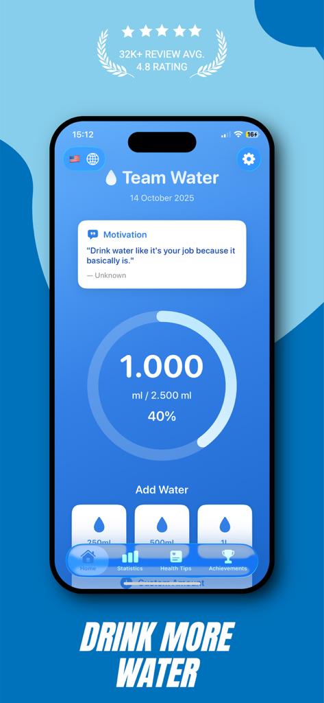Interfaccia dell'app Team Water che mostra i progressi giornalieri dell'idratazione e pulsanti di aggiunta rapida
