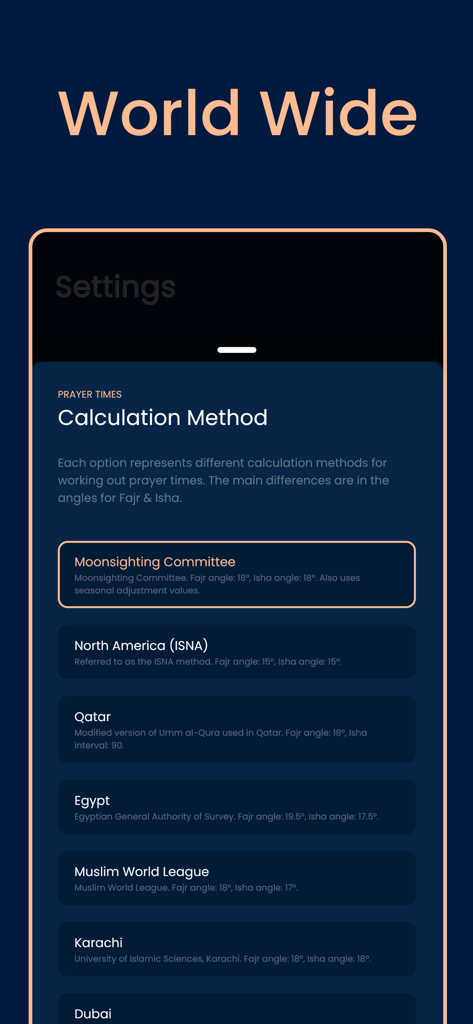 Pillars: Prayer Times & Qibla - Settings screen in the Pillars app showing various prayer time calculation methods for different global regions