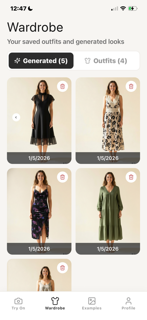 Try Me On - Interface de um aplicativo móvel chamado Guarda-roupa mostrando várias imagens geradas por IA de uma mulher experimentando virtualmente diferentes vestidos.