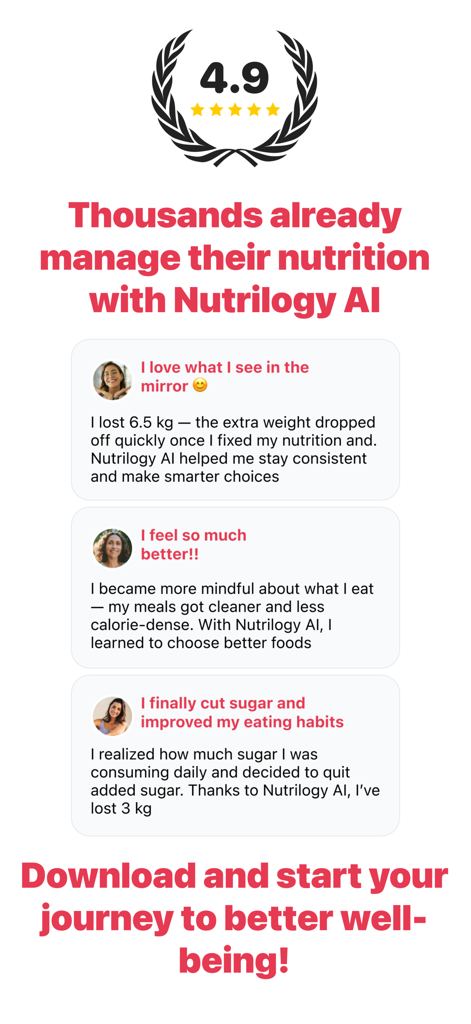 Nutrilogy AIカロリーカウンターアプリのスクリーンショット。4.9の評価と、減量および栄養に関する肯定的な顧客の声がいくつか表示されています。