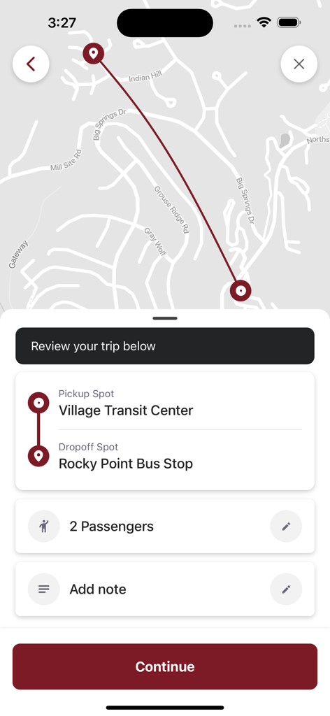 Northstar Village Transit - Trip review screen in the Northstar Village Transit app showing pickup at Village Transit Center and dropoff at Rocky Point Bus Stop.