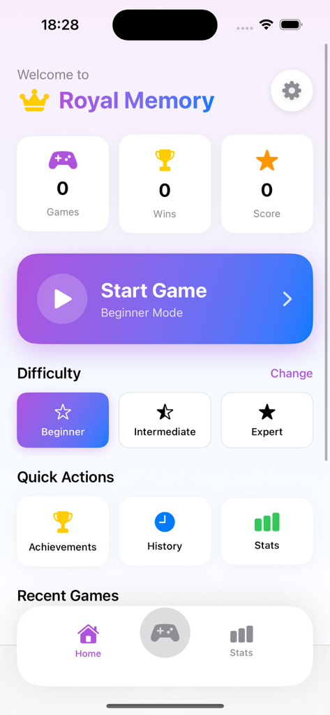 Interface of Royal Memory app with difficulty settings and player statistics