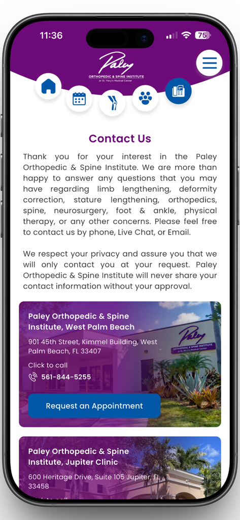 The Paley Orthopedic & Spine - Pantalla de Contáctenos de la aplicación Paley Orthopedic and Spine con la dirección de la clínica de West Palm Beach y un botón para solicitar citas.