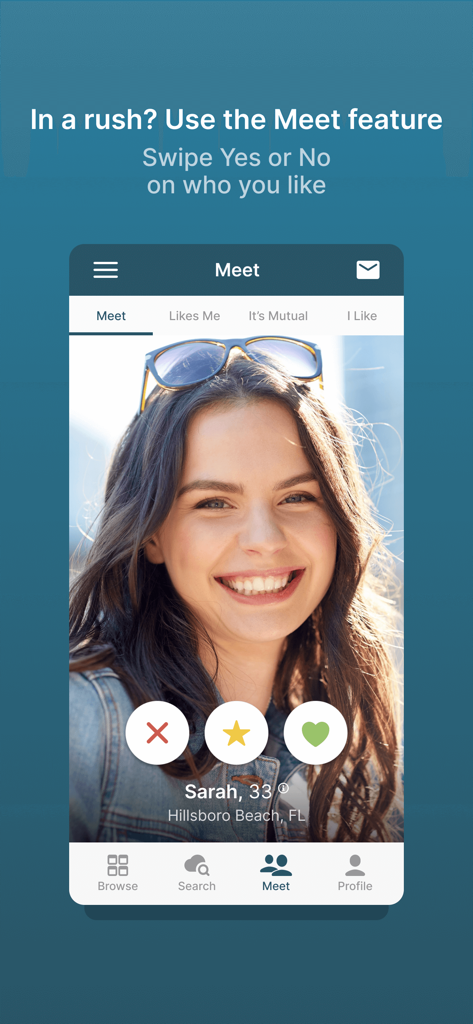 Sober Dating Service App - Sober Dating Service App interface showing the Meet feature with a profile card for a 33 year old woman and swiping action buttons.