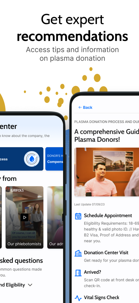 Grifols Plasma Donor Hub app interface displaying expert recommendations and donation process guides.