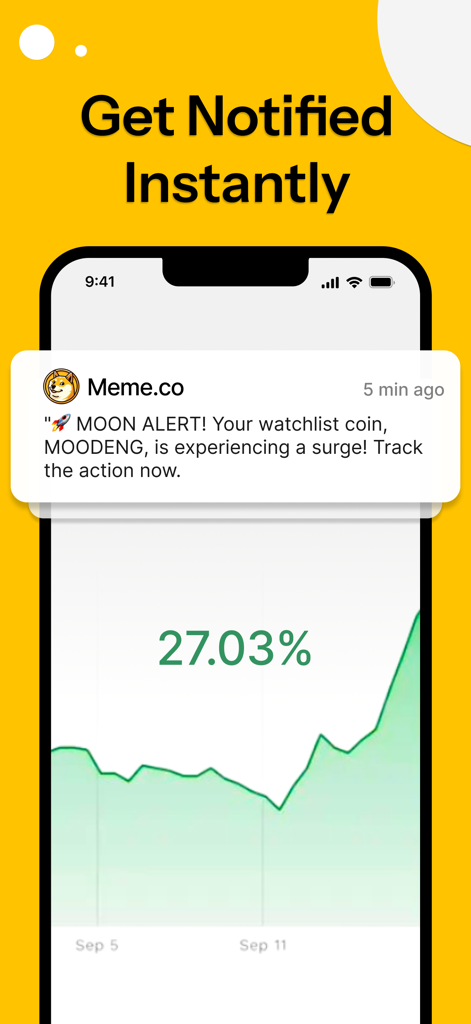 iPhone screen displaying a real-time moon alert notification for a meme coin price surge