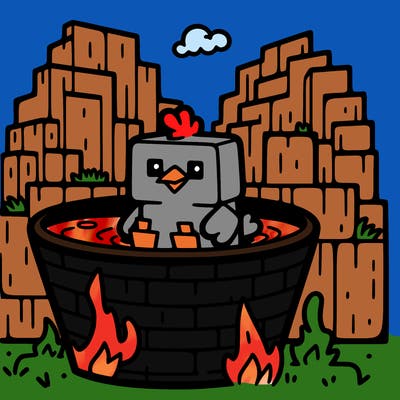 chicken sitting in a bucket of lava from minecraft