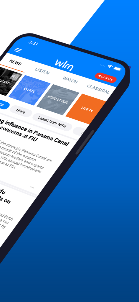 WLRN Public Media - WLRN Public Media app interface showing news articles and live streaming options