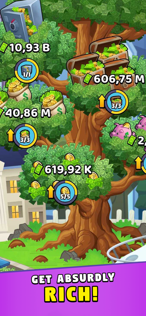 Money Tree 2: Business Tycoon - A cartoon money tree growing cash, gold coins, and treasure chests with a caption saying get absurdly rich.