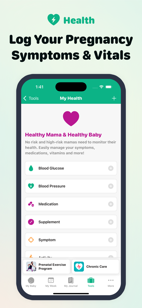 Pregnancy Tracker 3D by Sprout - Tela do aplicativo Sprout para rastrear sintomas de gravidez e sinais vitais.