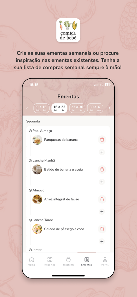 Comida de Bebé - Weekly meal plan screen in the Comida de Bebe app showing baby friendly recipes for the day