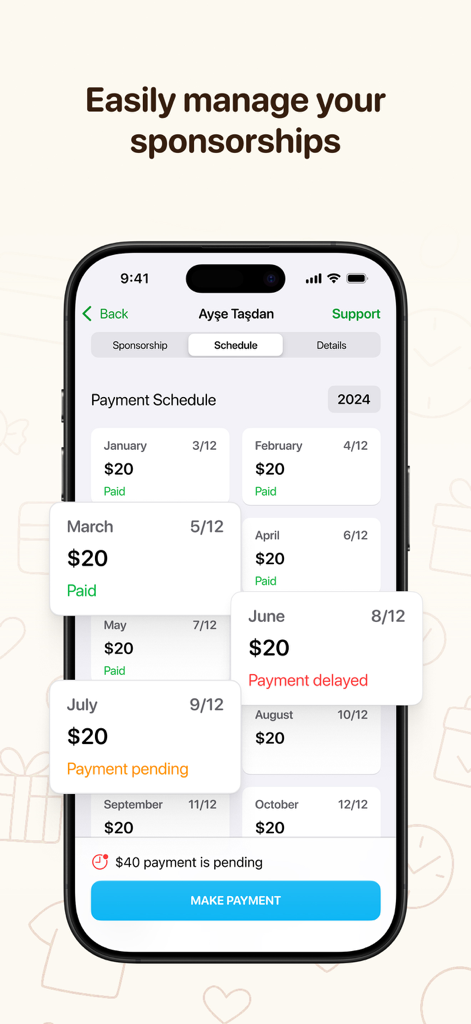 İHH İnsani Yardım Vakfı - Un écran de smartphone affichant le calendrier de paiement de parrainage de l'application IHH avec le suivi des dons mensuels et un bouton de paiement.