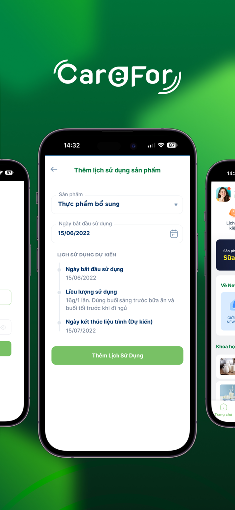 CareFor CSKH - Interface do aplicativo de saúde vietnamita para definir um cronograma de uso de suplementos e instruções de dosagem